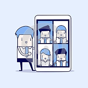 Businessman with video conference on tablet. Online virtual meetings. Cartoon character thin line style vector.