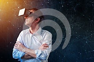 Businessman with VR goggles headset