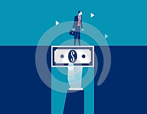 Businessman walking across dollar money bridging the gap. Concept business vector illustration