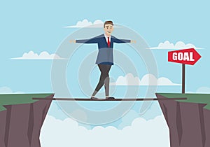 Businessman is walking on a board to another cliff.