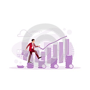 businessman walking on coins piled into the ladder with a graph. Finance, profit, capital banking, and investment concept.