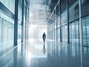 Businessman walking in corridor of modern office building. 3D rendering. Made with Generative AI