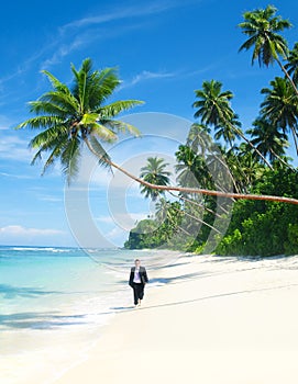 Businessman Walking Down Tropical Beach Concept