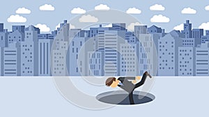 Businessman walking. Fall into the hole of big city. Metropolis. Buildings. Get caught in a trap. Business concept. Loop animation