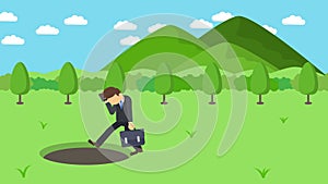 Businessman walking. Fall into the hole of meadows with mountains. Wild nature grass. Get caught in a trap. Business concept. Loop