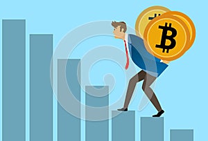 Businessman walking on the finance graph while carrying a bitcoin symbol, isolated on blue background. vector