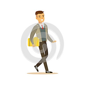 Businessman Walking Fith Folder, Business Office Employee In Official Dress Code Clothing Busy At Work Smiling Cartoon