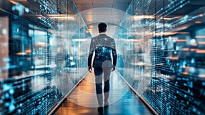 Businessman Walking Through Futuristic Digital Corridor