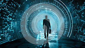 Businessman walking in a futuristic digital tunnel, technology and innovation concept. Surreal cyber environment with a