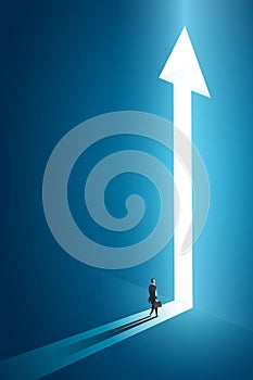 Businessman walking go to front of bright big shining arrow in the wall darke blue of the hole at light falls. illustration Vector