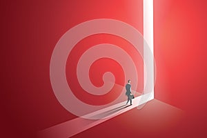 Businessman walking go to front of bright big shining door in the wall red of the hole at light falls. illustration Vector