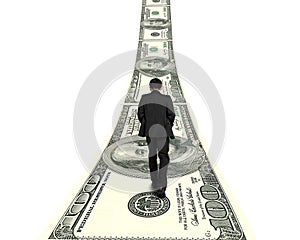 Businessman walking on growing money way in white background