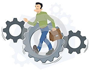 Businessman walking inside gears. Illustration for internet and mobile website