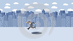 Businessman walking. Jump over the hole of big city. Metropolis. Buildings. Get caught in a trap. Business concept. Loop animation