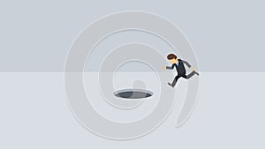 Businessman walking. Jump over the hole of empty modern office. Business workspace. Get caught in a trap. Business concept. Loop a