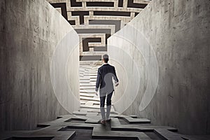 businessman walking in labyrinth cement wall to success way and finding solution