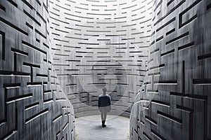 businessman walking in labyrinth cement wall to success way and finding solution