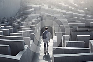 businessman walking in labyrinth cement wall to success way and finding solution