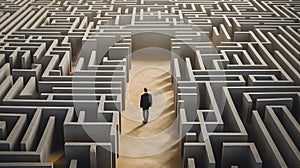 Businessman walking in maze cement to find way out. Generative AI