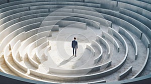 Businessman walking in maze cement to find way out. Generative AI