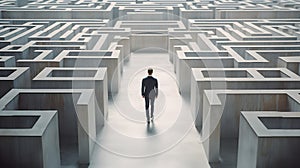 Businessman walking in maze cement to find way out. Generative AI