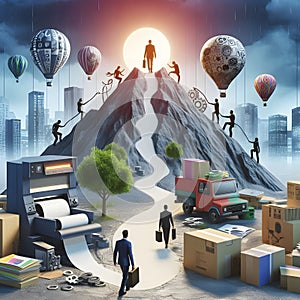 Businessman walking on a mountain road to success concept. 3d rendering