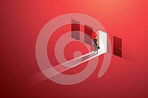 Businessman walking open door of choice path to goal success on wall red. illustration Vector