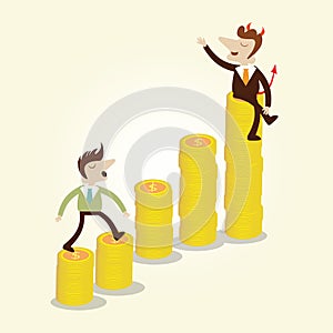 Businessman walking on rising gold coin graph stair with business devil on top