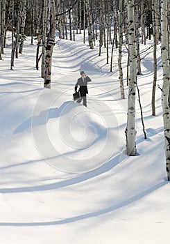 Businessman walking in snowy wilderness