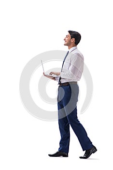 Businessman walking standing side view isolated on white backgro