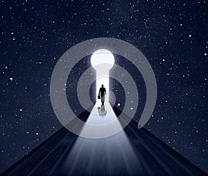 Businessman walking thought A Keyhole on Cosmos stars background with dark blue night starry sky. Man walks In Success Way. Bright