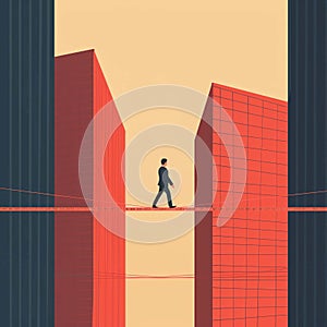 a businessman walking a tightrope made from a measuring tape between two skyscrapers, with the tightrope symbolizing the housing