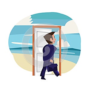 Businessman walking in to the magic door to the beach. holiday or day off concept - vector