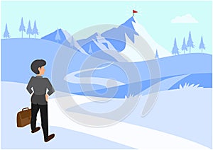 Businessman walking to the success flag on top of the mountain in flat design. Symbol of the startup, business finance,