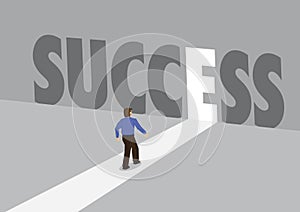 Businessman walking towards a light path with the text success. Business concept of business success, innovation or overcoming