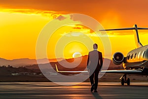 businessman walking towards private jet at sunset generative ai