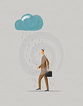 Businessman walking under raincloud.