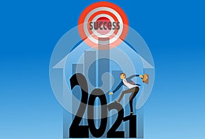 Businessman walking up on 2021 number to the target, success, Career, Business concept growth to success in 2021, Creative ideas,