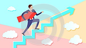 Businessman is walking up the stairs with an arrow pointing along his path under his arm. Concept of a charismatic man going to