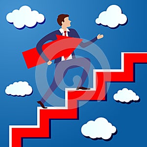 Businessman is walking up the stairs with an arrow pointing along his path under his arm. Concept of a charismatic man going to