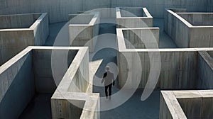 Businessman walks inside concrete labyrinth, lost man searching for way out of strange surreal maze. Concept of problem,
