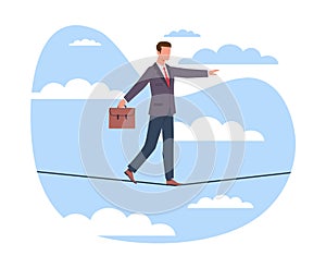 Businessman walks tightrope, concept of business risks. Man walking on rope. Symbol of achievement, bravery and courage