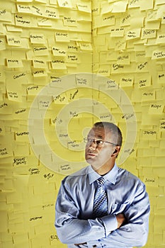 Businessman And Wall Covered In Sticky Notes