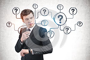 Businessman with watch and question marks