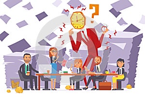 Businessman watchhead, company meeting, team dissatisfied with woman work vector illustration. Time running out