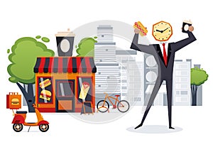 Businessman watchhead have quick snack in eatery vector illustration. Fast food city cafe for busy people character, hot
