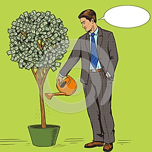Businessman water money tree pop art style vector