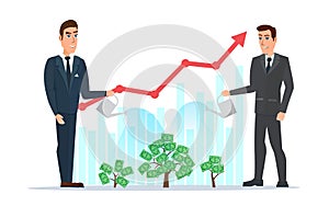 businessman water the plants with the money graph rises. Business cartoon concept. Vector illustration isolated on white