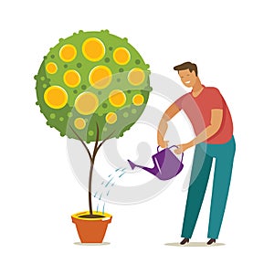 Businessman with watering can and tree with money. Finance, investment concept vector illustration