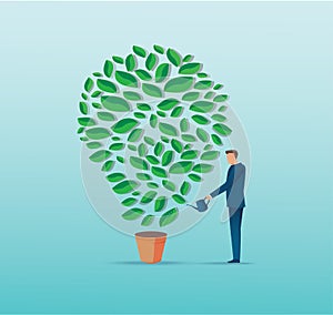 a businessman watering light bulb shape plant. vector illustration